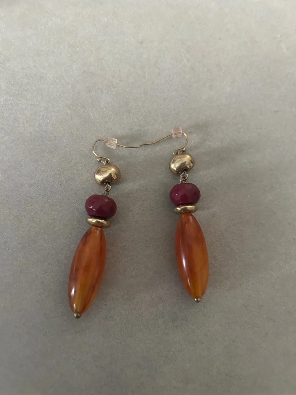 Handcrafted Amber-Tone and Burgundy Drop Earrings